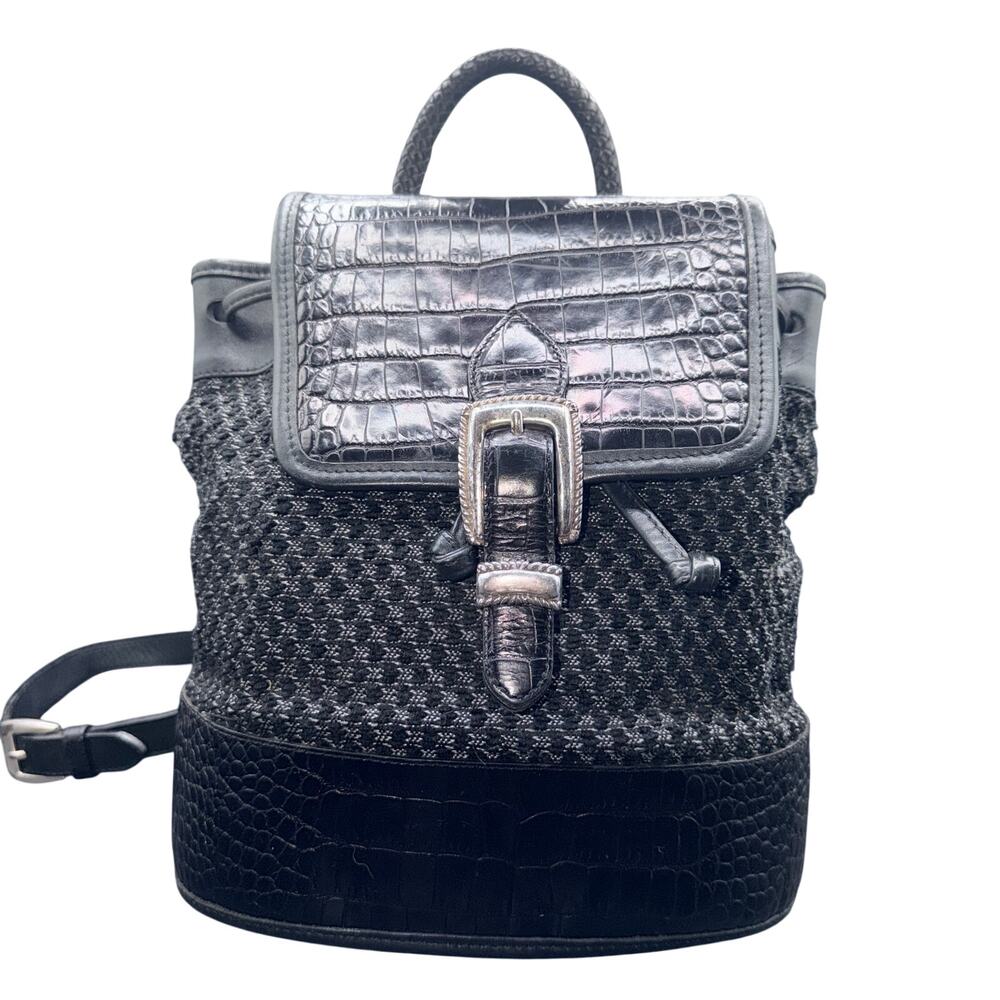 Brighton Black Leather Tweed Croc Embossed Backpack Purse Heart Charm Drawstring